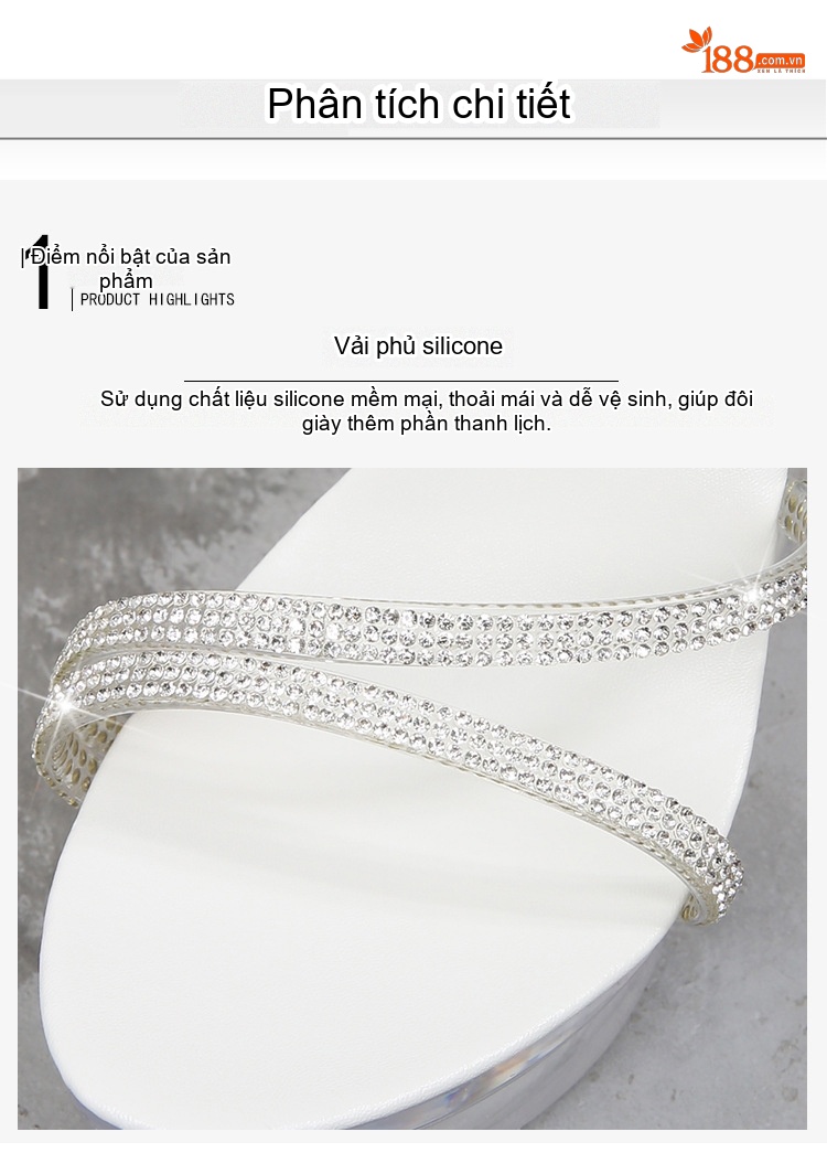 Dép Quai Ngang Nữ Đế Xuồng Trong Suốt Chiều Cao Đế 14cm Đính Đá Màu Trắng chi tiết 14