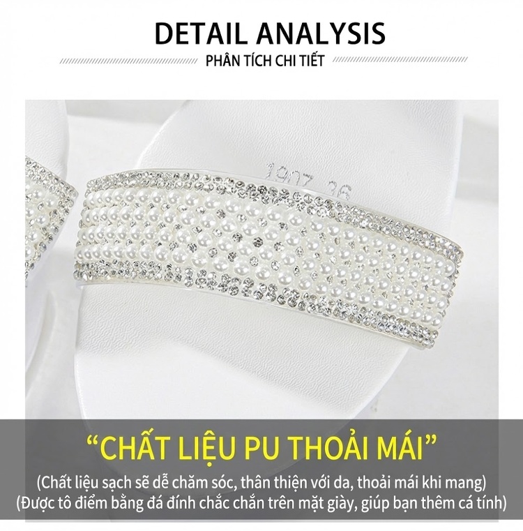 Dép Quai Ngang Nữ Gót Trụ Siêu Cao Trong Suốt Chiều Cao Đế 17cm Đính Đá, Ngọc Trai chi tiết 4