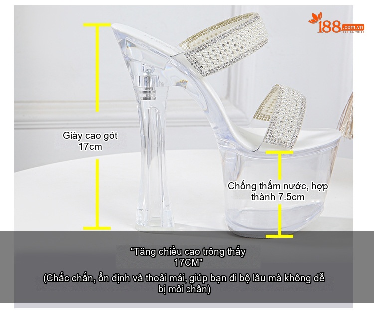 Dép Quai Ngang Nữ Gót Trụ Siêu Cao Trong Suốt Chiều Cao Đế 17cm Đính Đá, Ngọc Trai chi tiết 6