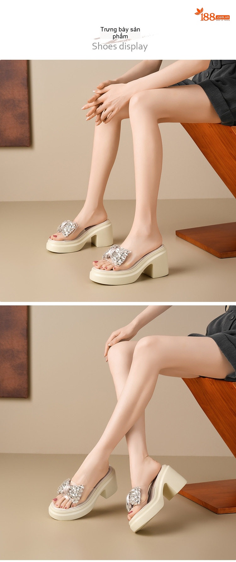 Dép Quai Ngang Nữ Trong Suốt Đính Nơ Đá Chiều Cao Đế Khoảng 10cm Màu Trắng, Đen chi tiết 2