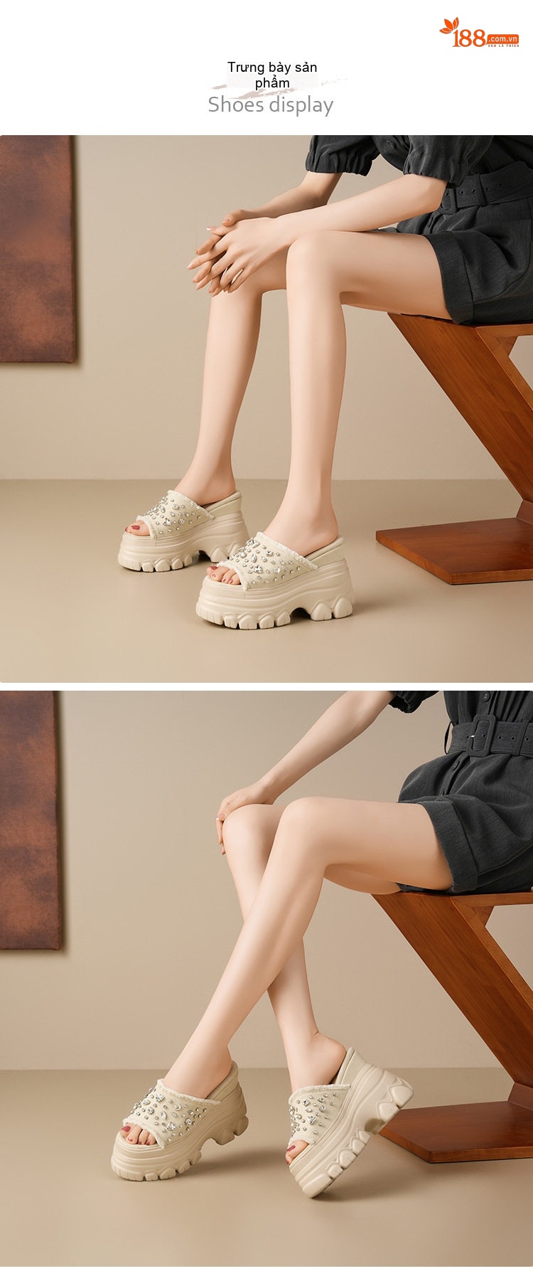 Dép Quai Ngang Nữ Vải Canvas Đế Xuồng Chiều Cao Đế Khoảng 12cm Đính Đá Màu Xanh Dương, Kem chi tiết 2