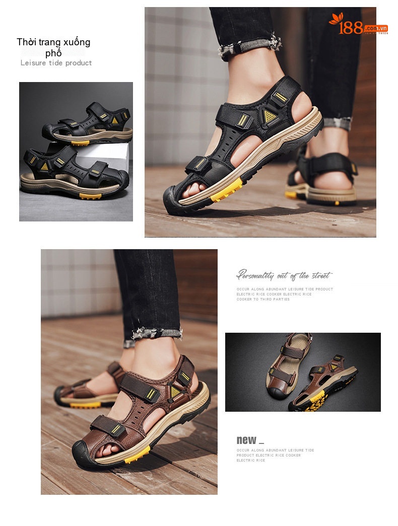Dép Sandal Nam Da Bò Lớp Đầu Chống Trượt Chống Mòn Chiều Cao Đế Khoảng 3cm Màu Nâu, Đen chi tiết 2