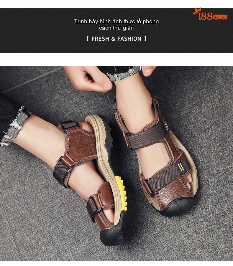 Dép Sandal Nam Da Bò Lớp Đầu Chống Trượt Chống Mòn Chiều Cao Đế Khoảng 3cm Màu Nâu, Đen chi tiết 9