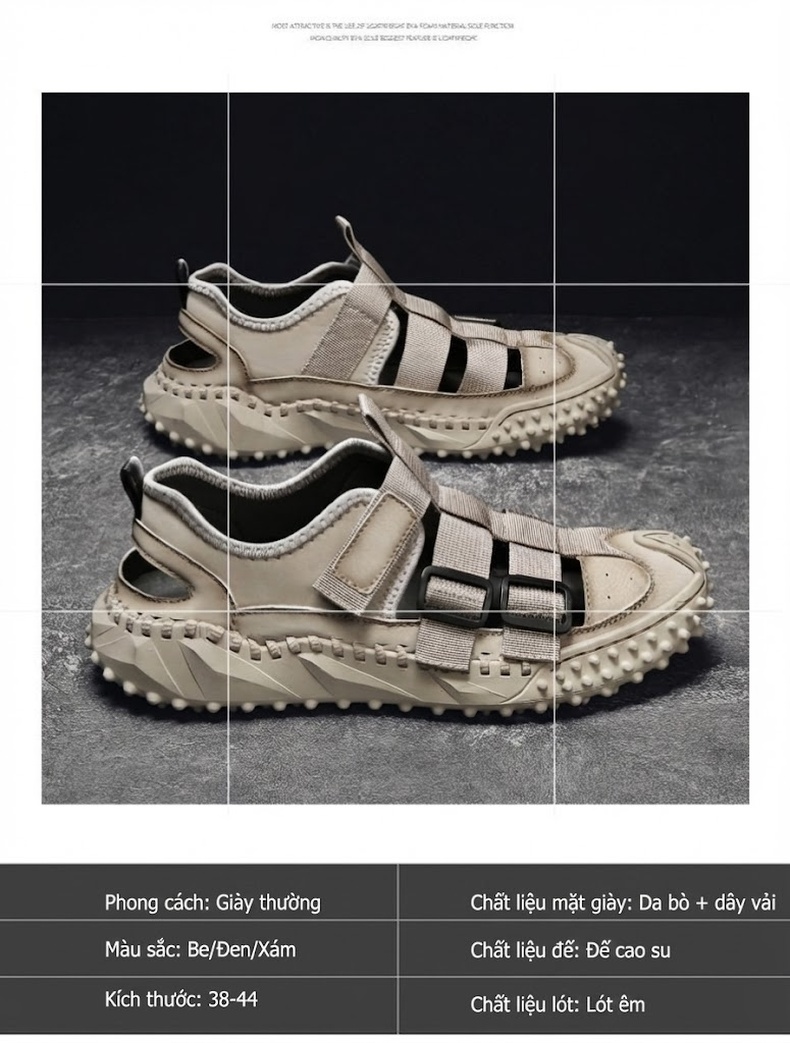 Dép Sandal Nam Da Bò Quai Dán Thoáng Khí Chiều Cao Đế Khoảng 3cm Màu Đen, Be chi tiết 3