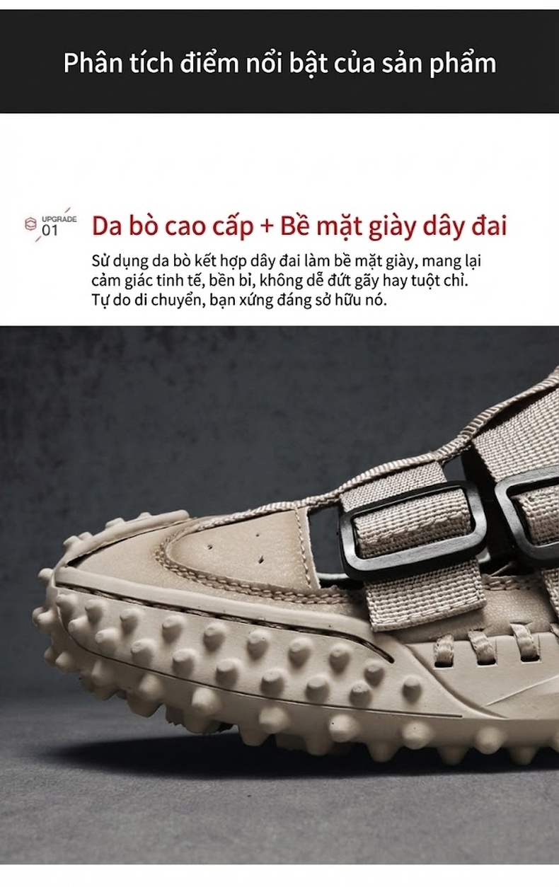 Dép Sandal Nam Da Bò Quai Dán Thoáng Khí Chiều Cao Đế Khoảng 3cm Màu Đen, Be chi tiết 6