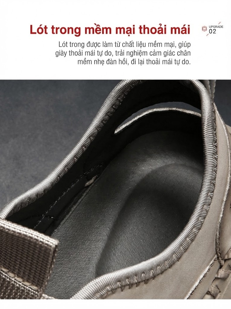 Dép Sandal Nam Da Bò Quai Dán Thoáng Khí Chiều Cao Đế Khoảng 3cm Màu Đen, Be chi tiết 7
