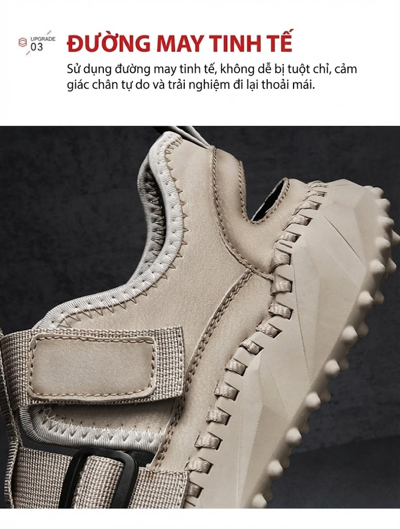 Dép Sandal Nam Da Bò Quai Dán Thoáng Khí Chiều Cao Đế Khoảng 3cm Màu Đen, Be chi tiết 8