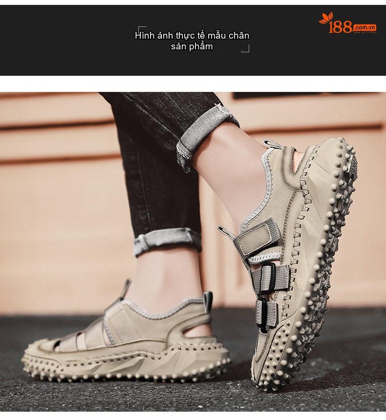 Dép Sandal Nam Da Bò Quai Dán Thoáng Khí Chiều Cao Đế Khoảng 3cm Màu Đen, Be chi tiết 10