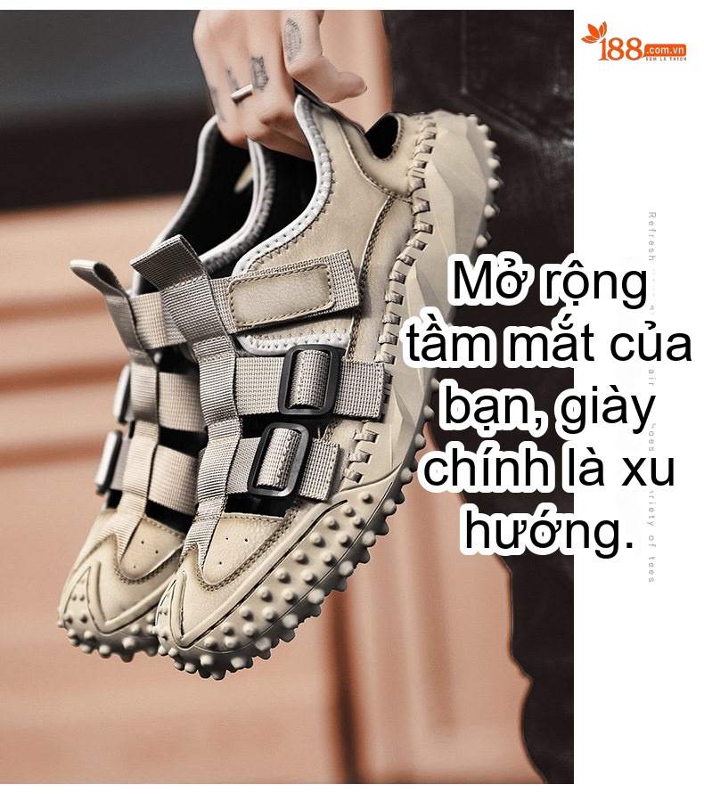 Dép Sandal Nam Da Bò Quai Dán Thoáng Khí Chiều Cao Đế Khoảng 3cm Màu Đen, Be chi tiết 11