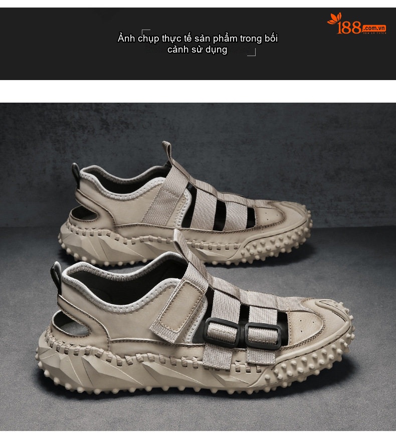 Dép Sandal Nam Da Bò Quai Dán Thoáng Khí Chiều Cao Đế Khoảng 3cm Màu Đen, Be chi tiết 16