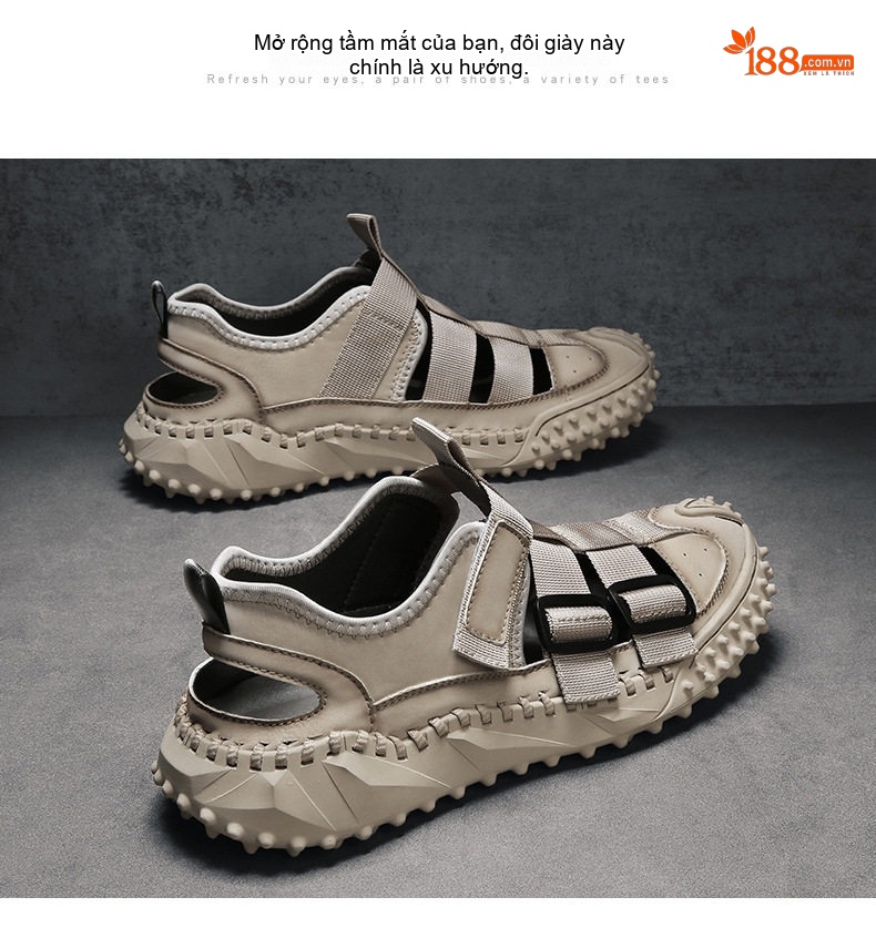 Dép Sandal Nam Da Bò Quai Dán Thoáng Khí Chiều Cao Đế Khoảng 3cm Màu Đen, Be chi tiết 17