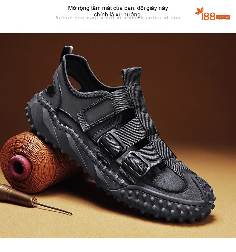 Dép Sandal Nam Da Bò Quai Dán Thoáng Khí Chiều Cao Đế Khoảng 3cm Màu Đen, Be chi tiết 18