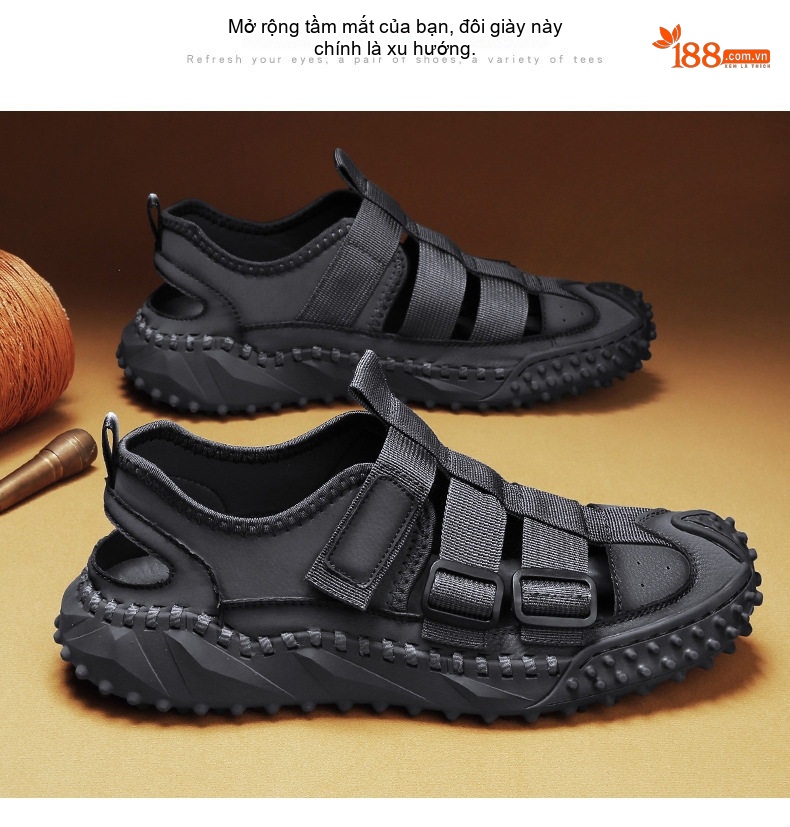 Dép Sandal Nam Da Bò Quai Dán Thoáng Khí Chiều Cao Đế Khoảng 3cm Màu Đen, Be chi tiết 19