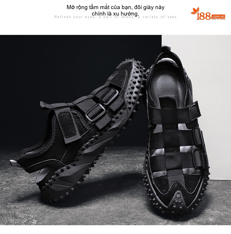 Dép Sandal Nam Da Bò Quai Dán Thoáng Khí Chiều Cao Đế Khoảng 3cm Màu Đen, Be chi tiết 20