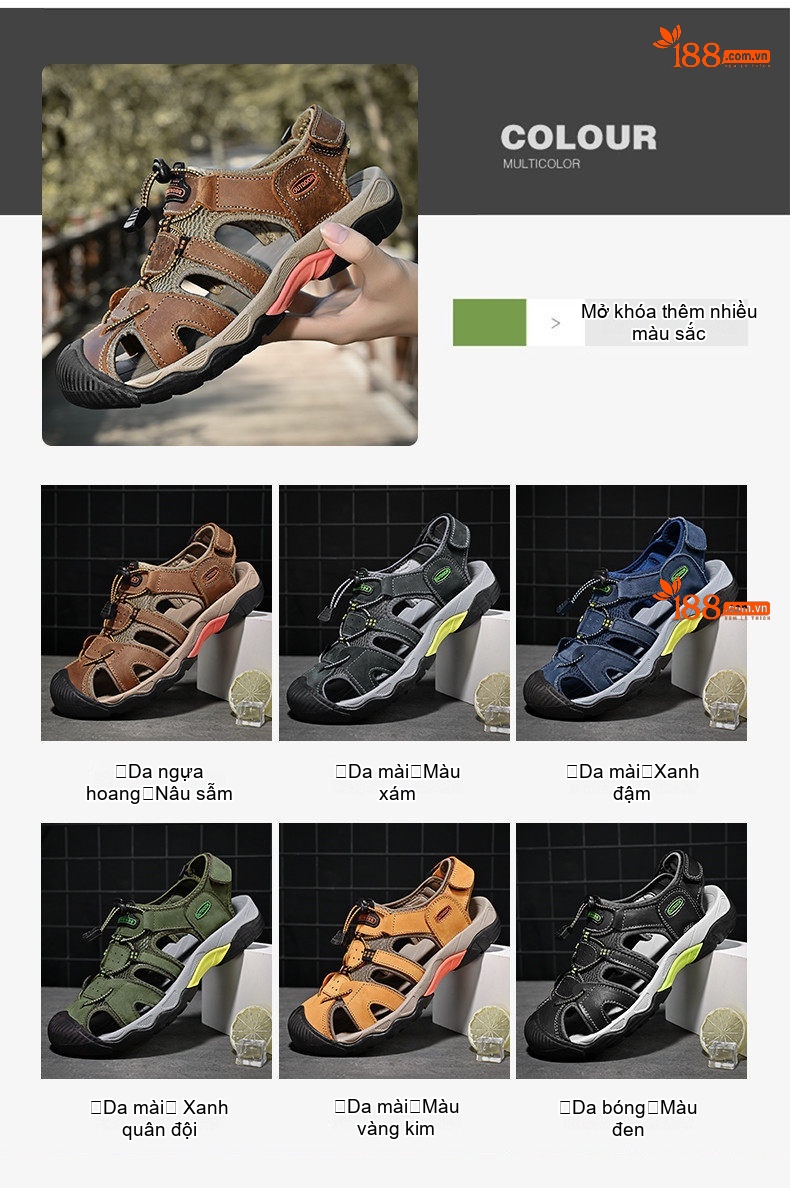Dép Sandal Nam Da Mờ Quai Dù Mũi Bọc Chống Va Đập Chiều Cao Đế Khoảng 3cm Màu Xanh Lá, Xanh Dương, Nâu chi tiết 6