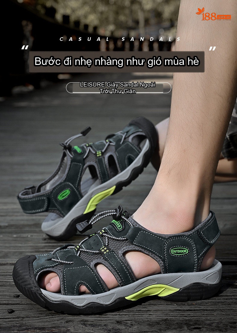 Dép Sandal Nam Da Mờ Quai Dù Mũi Bọc Chống Va Đập Chiều Cao Đế Khoảng 3cm Màu Xanh Lá, Xanh Dương, Nâu chi tiết 16