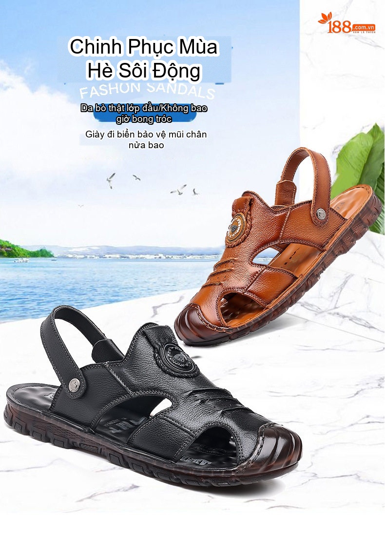 Dép Sandal Nam Da Thật Quai Hậu Chiều Cao Đế Khoảng 2cm Màu Nâu, Đen chi tiết 1