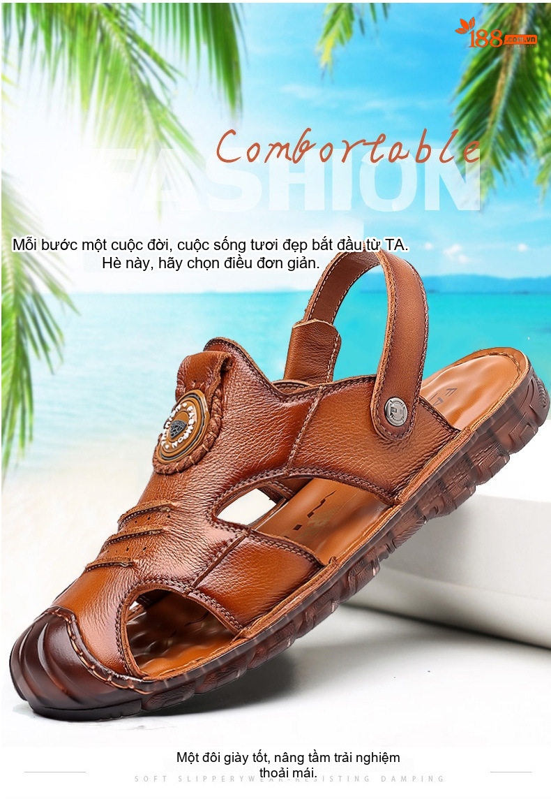 Dép Sandal Nam Da Thật Quai Hậu Chiều Cao Đế Khoảng 2cm Màu Nâu, Đen chi tiết 2