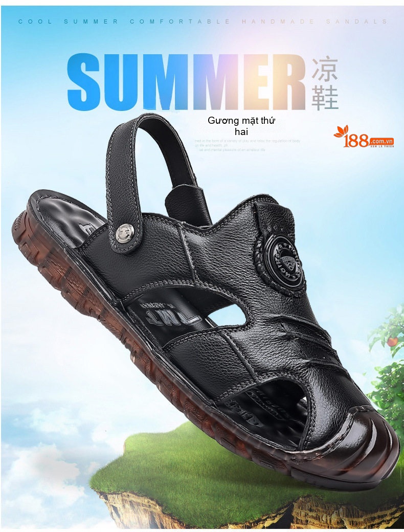 Dép Sandal Nam Da Thật Quai Hậu Chiều Cao Đế Khoảng 2cm Màu Nâu, Đen chi tiết 3