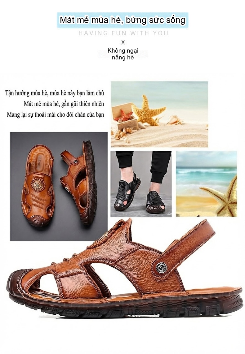 Dép Sandal Nam Da Thật Quai Hậu Chiều Cao Đế Khoảng 2cm Màu Nâu, Đen chi tiết 5