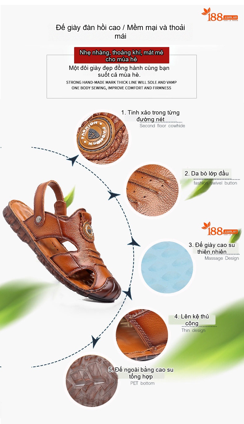 Dép Sandal Nam Da Thật Quai Hậu Chiều Cao Đế Khoảng 2cm Màu Nâu, Đen chi tiết 7
