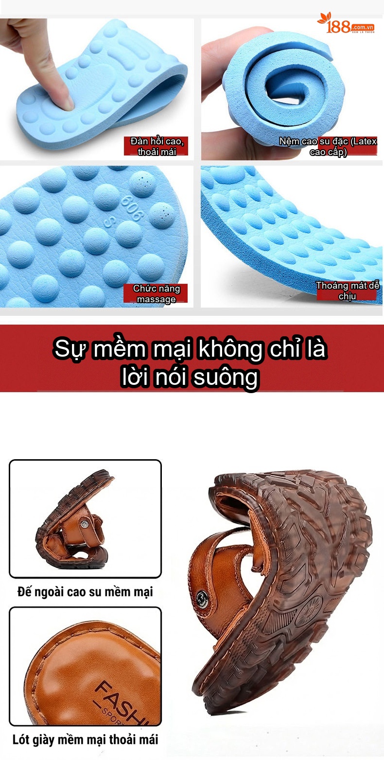 Dép Sandal Nam Da Thật Quai Hậu Chiều Cao Đế Khoảng 2cm Màu Nâu, Đen chi tiết 8