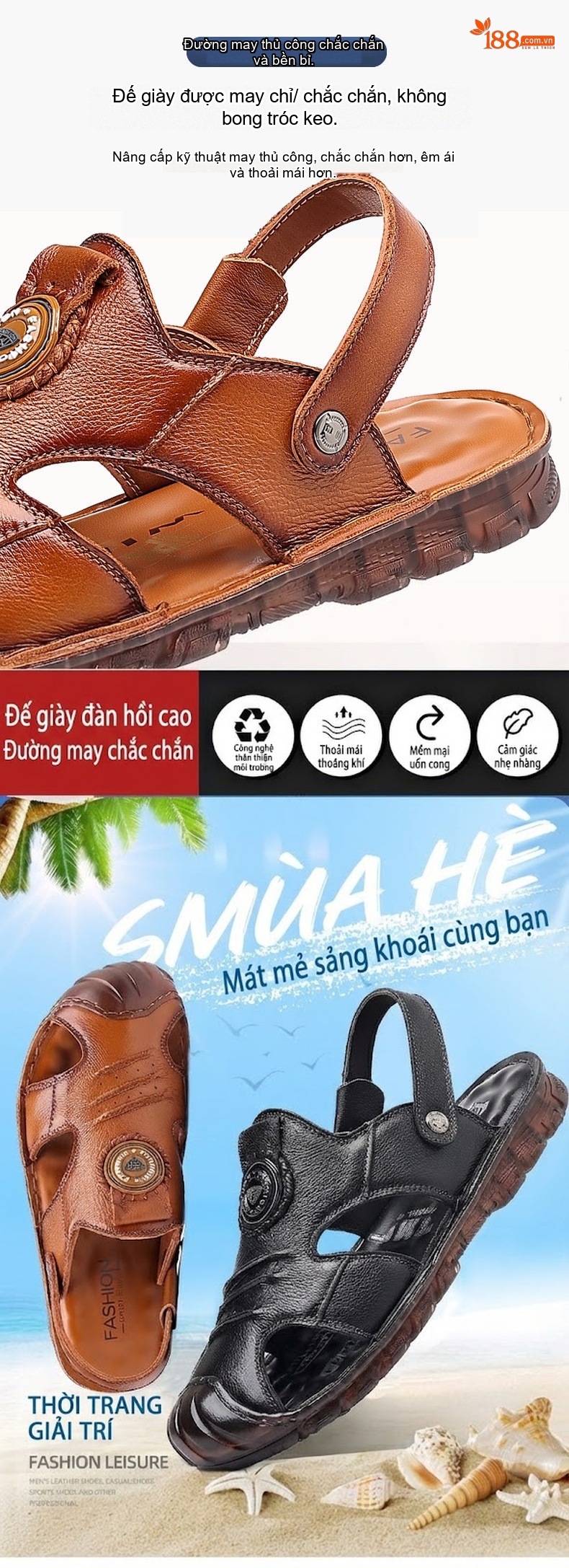 Dép Sandal Nam Da Thật Quai Hậu Chiều Cao Đế Khoảng 2cm Màu Nâu, Đen chi tiết 9