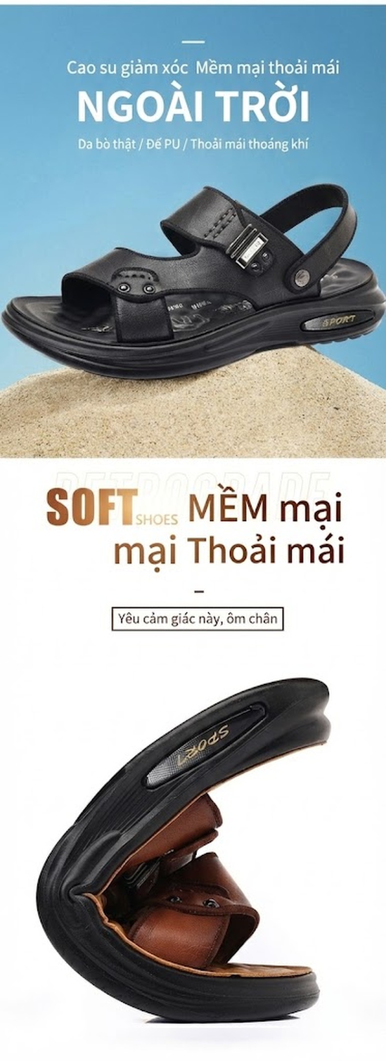 Dép Sandal Nam Da Thật Quai Hậu Chiều Cao Đế Khoảng 3cm Màu Đen, Nâu chi tiết 2