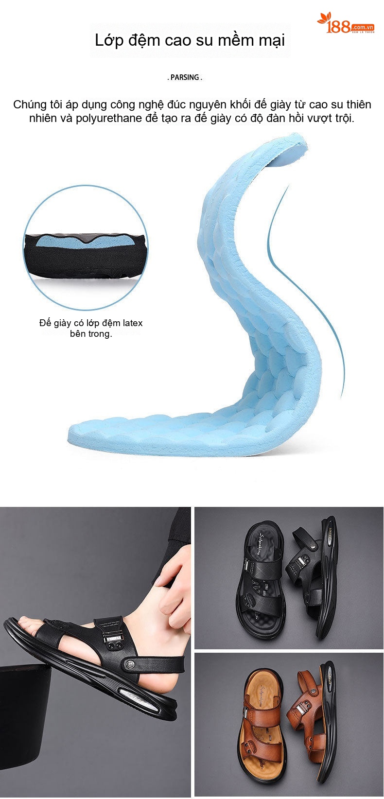 Dép Sandal Nam Da Thật Quai Hậu Chiều Cao Đế Khoảng 3cm Màu Đen, Nâu chi tiết 4