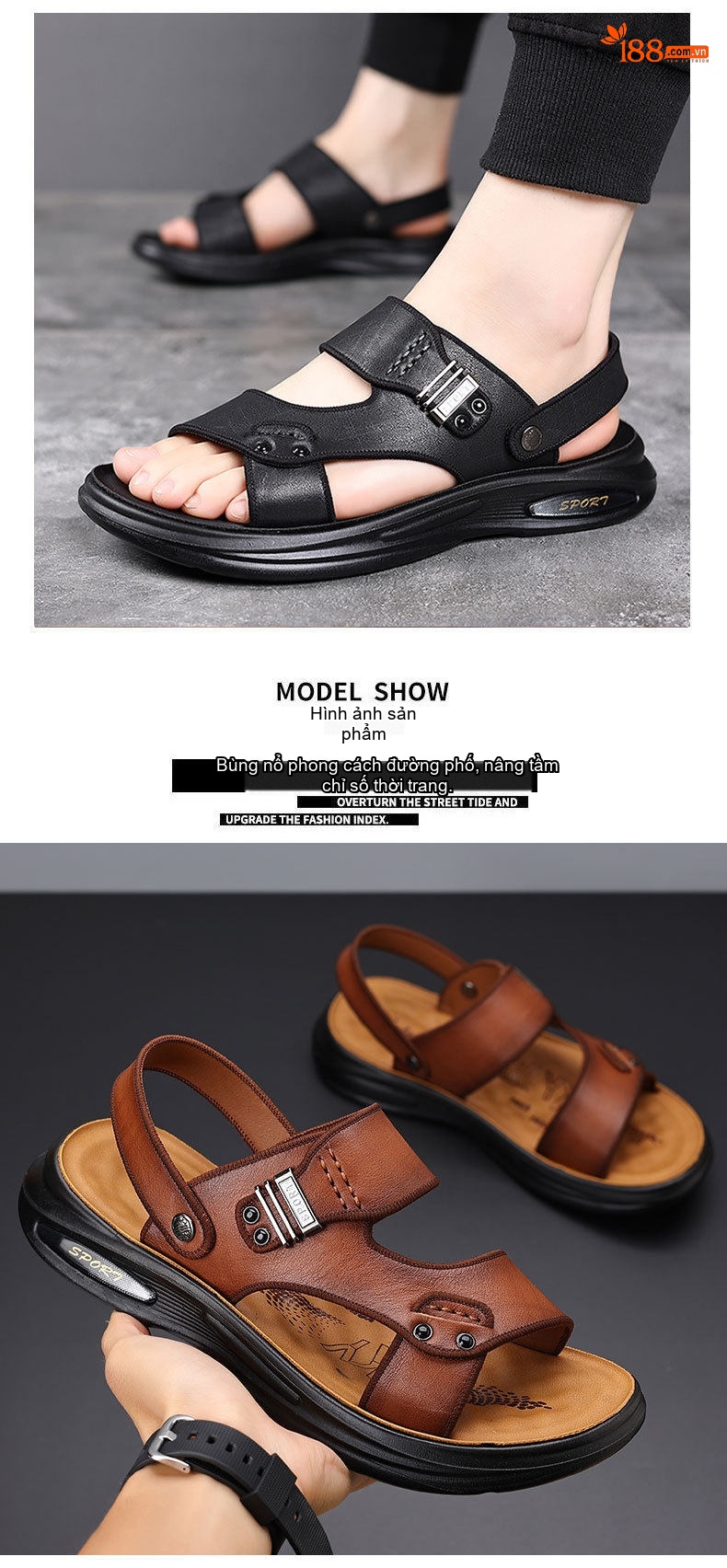 Dép Sandal Nam Da Thật Quai Hậu Chiều Cao Đế Khoảng 3cm Màu Đen, Nâu chi tiết 9