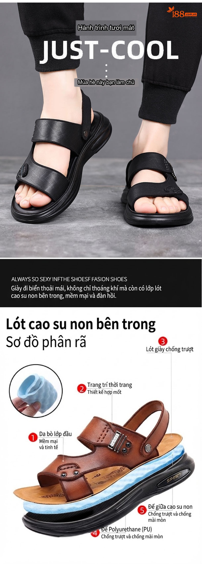 Dép Sandal Nam Da Thật Quai Hậu Chiều Cao Đế Khoảng 3cm Màu Đen, Nâu chi tiết 3