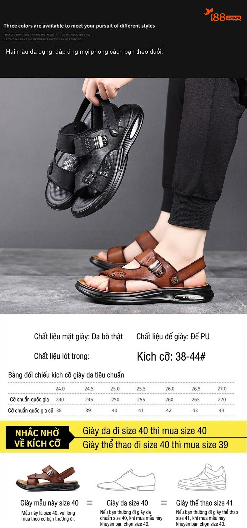 Dép Sandal Nam Da Thật Quai Hậu Chiều Cao Đế Khoảng 3cm Màu Đen, Nâu chi tiết 5