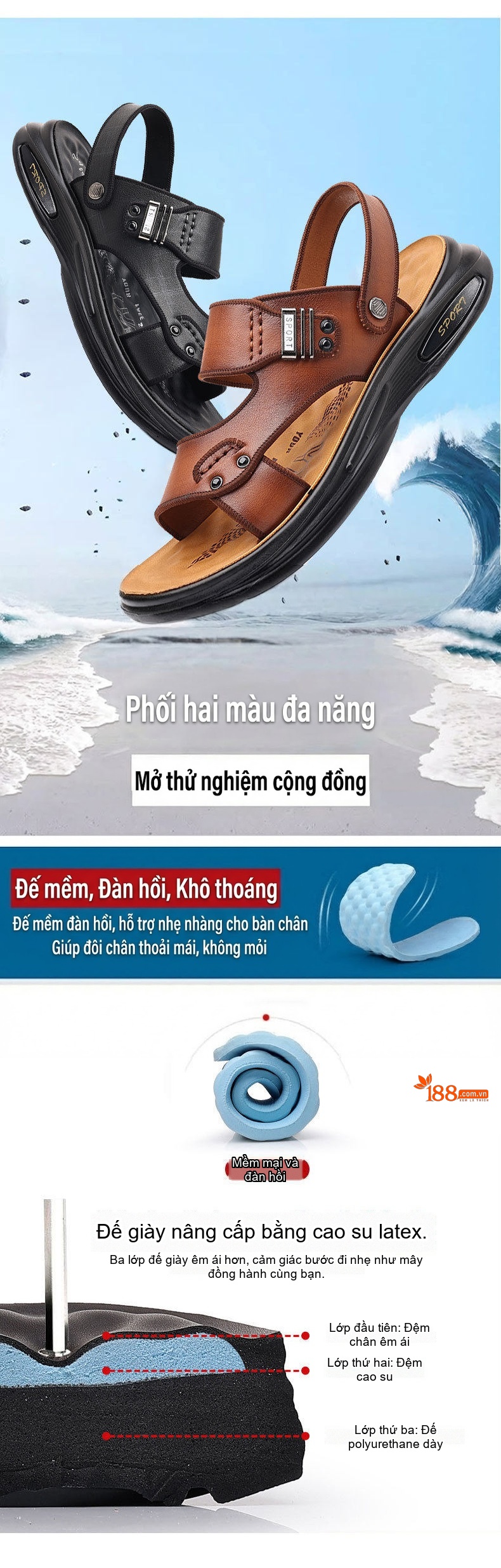 Dép Sandal Nam Da Thật Quai Hậu Chiều Cao Đế Khoảng 3cm Màu Đen, Nâu chi tiết 6