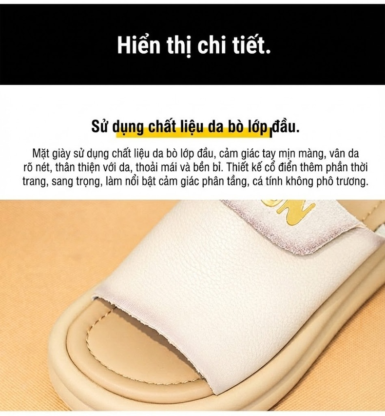 Dép Sandal Nữ Da Bò Quai Ngang Đế Cao 4cm - 5cm Màu Đen, Kem, Đỏ chi tiết 11