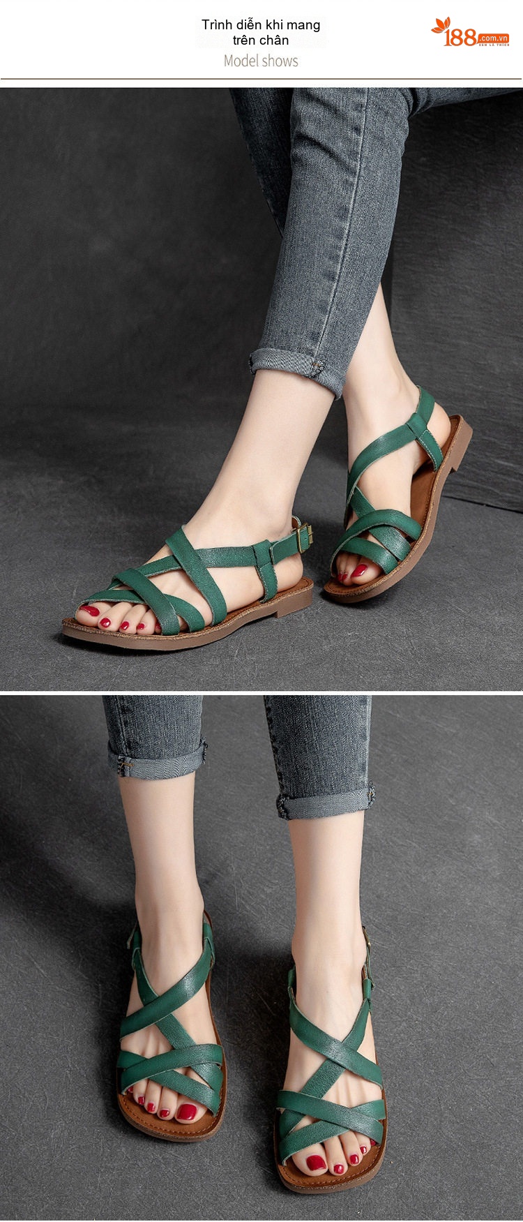 Dép Sandal Nữ Da Bò Quai Chéo Đế Bệt Đế Cao 3cm - 4cm Màu Nâu, Xanh Lá, Kem chi tiết 8