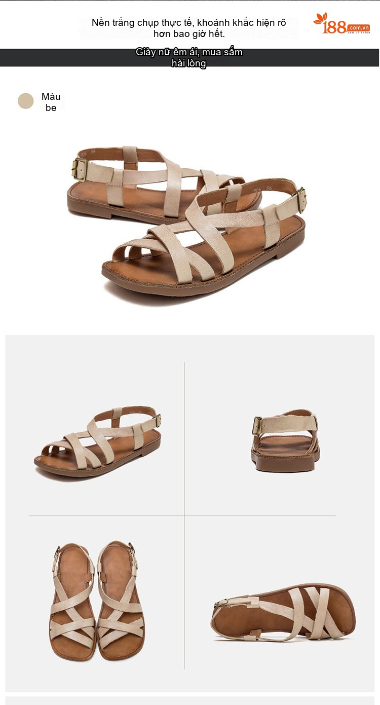 Dép Sandal Nữ Da Bò Quai Chéo Đế Bệt Đế Cao 3cm - 4cm Màu Nâu, Xanh Lá, Kem chi tiết 14