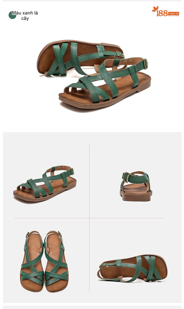 Dép Sandal Nữ Da Bò Quai Chéo Đế Bệt Đế Cao 3cm - 4cm Màu Nâu, Xanh Lá, Kem chi tiết 15