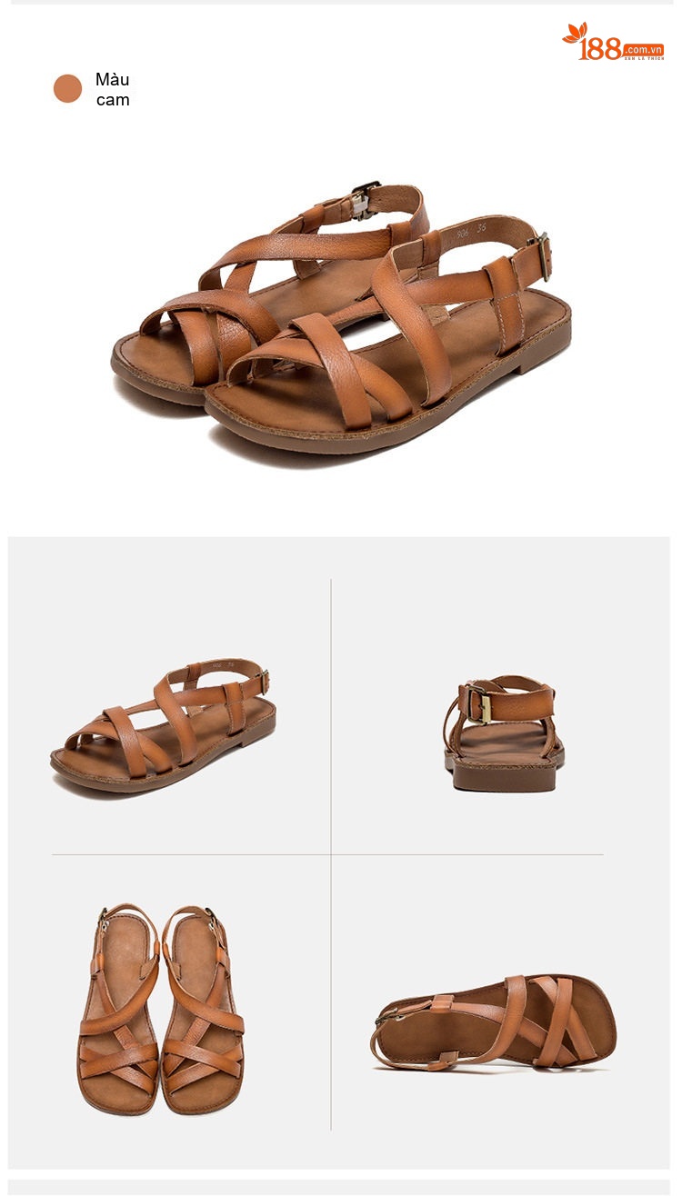 Dép Sandal Nữ Da Bò Quai Chéo Đế Bệt Đế Cao 3cm - 4cm Màu Nâu, Xanh Lá, Kem chi tiết 16