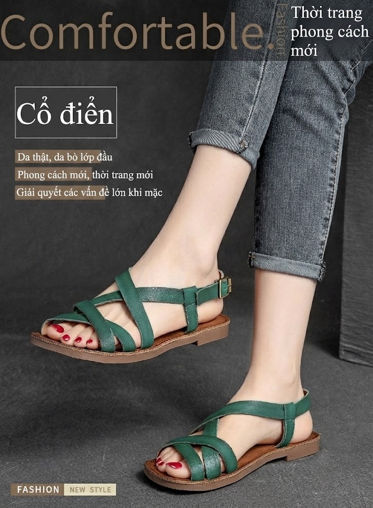 Dép Sandal Nữ Da Bò Quai Chéo Đế Bệt Đế Cao 3cm - 4cm Màu Nâu, Xanh Lá, Kem chi tiết 1
