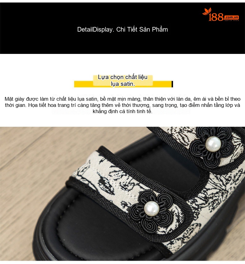 Dép Sandal Nữ Quai Ngang Họa Tiết Đế Cao 4cm - 5cm Màu Đen, Kem chi tiết 6