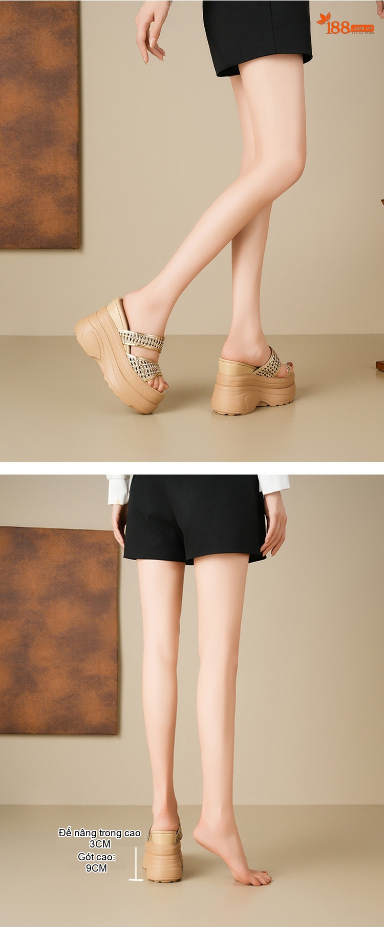 Giày Sandal Cao Gót Nữ Đế Xuồng Hở Mũi Quai Đan Lưới Gót Cao 12cm Màu Be, Đen chi tiết 4