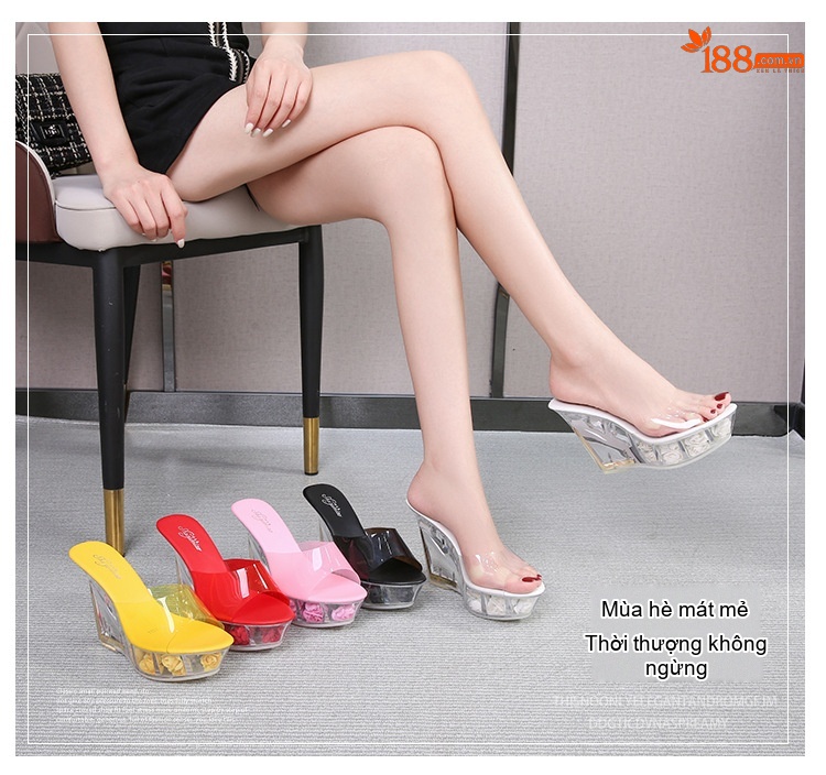 Giày Sandal Cao Gót Nữ Quai Trong Suốt Đế Hoa Gót Cao 10cm Màu Đen, Trắng, Đỏ, Vàng, Hồng... chi tiết 1