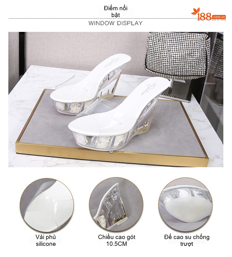 Giày Sandal Cao Gót Nữ Quai Trong Suốt Đế Hoa Gót Cao 10cm Màu Đen, Trắng, Đỏ, Vàng, Hồng... chi tiết 3