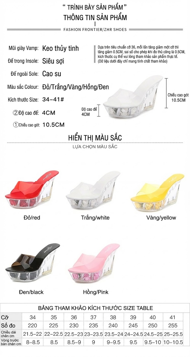 Giày Sandal Cao Gót Nữ Quai Trong Suốt Đế Hoa Gót Cao 10cm Màu Đen, Trắng, Đỏ, Vàng, Hồng... chi tiết 2