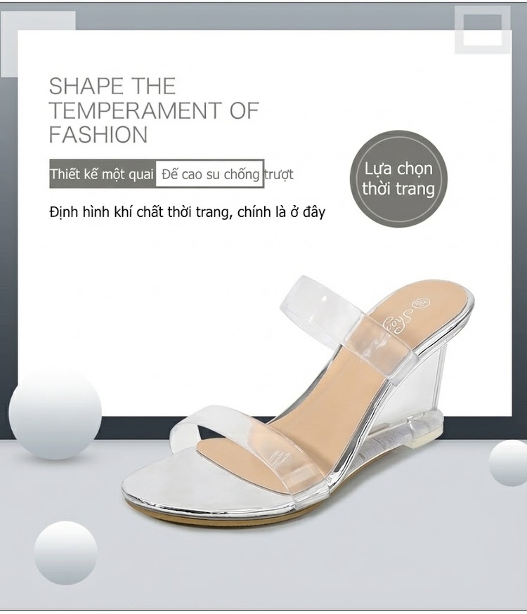 Giày Sandal Cao Gót Nữ Quai Trong Suốt Đế Xuồng Gót Cao 8cm Màu Đen, Vàng, Bạc chi tiết 2