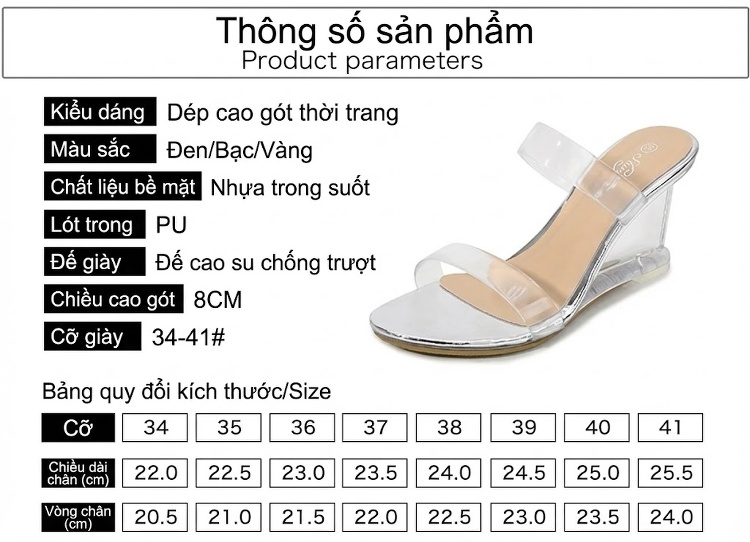 Giày Sandal Cao Gót Nữ Quai Trong Suốt Đế Xuồng Gót Cao 8cm Màu Đen, Vàng, Bạc chi tiết 3