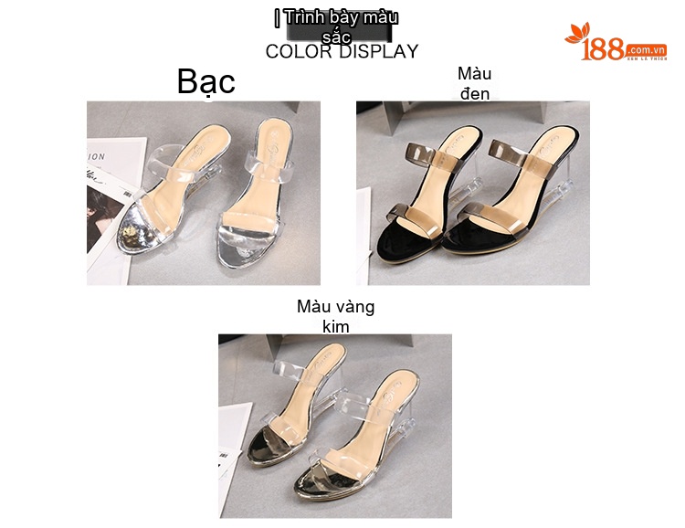 Giày Sandal Cao Gót Nữ Quai Trong Suốt Đế Xuồng Gót Cao 8cm Màu Đen, Vàng, Bạc chi tiết 4