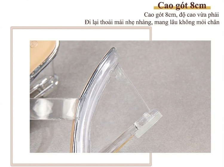 Giày Sandal Cao Gót Nữ Quai Trong Suốt Đế Xuồng Gót Cao 8cm Màu Đen, Vàng, Bạc chi tiết 8