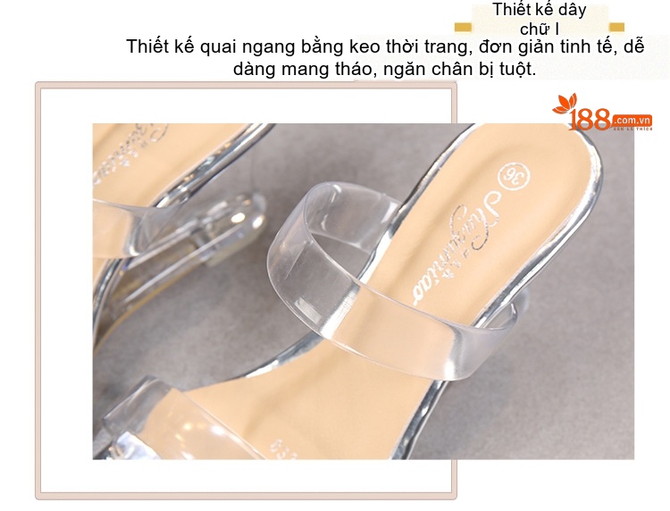 Giày Sandal Cao Gót Nữ Quai Trong Suốt Đế Xuồng Gót Cao 8cm Màu Đen, Vàng, Bạc chi tiết 9