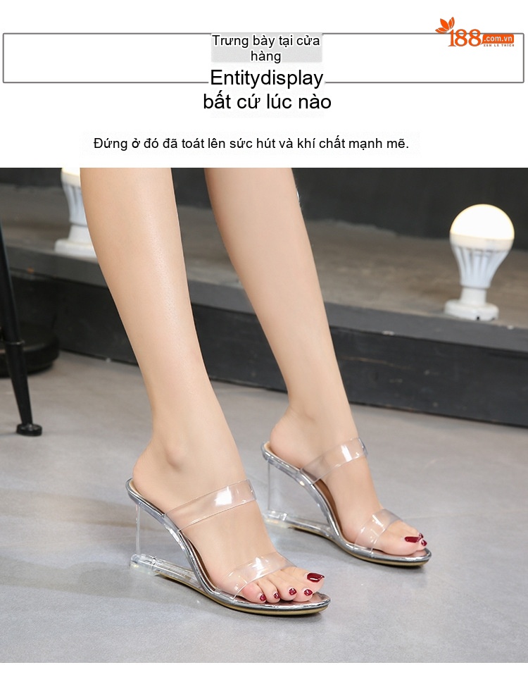 Giày Sandal Cao Gót Nữ Quai Trong Suốt Đế Xuồng Gót Cao 8cm Màu Đen, Vàng, Bạc chi tiết 35